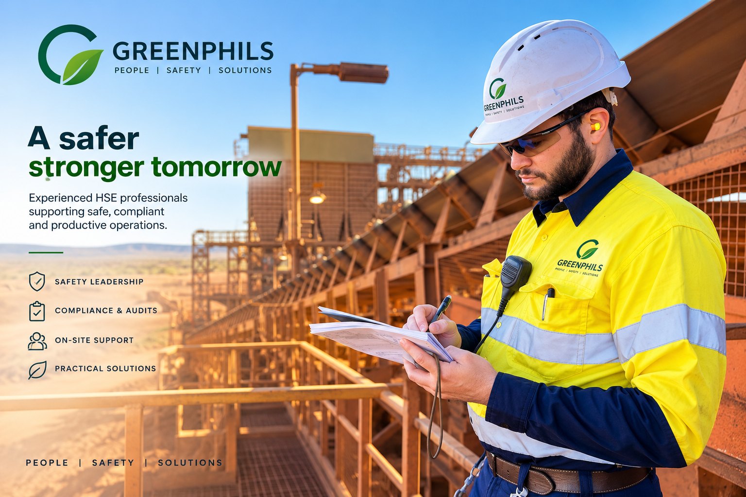 Greenphils HSE professional in branded hi-vis completing a safety inspection on a mine site conveyor walkway