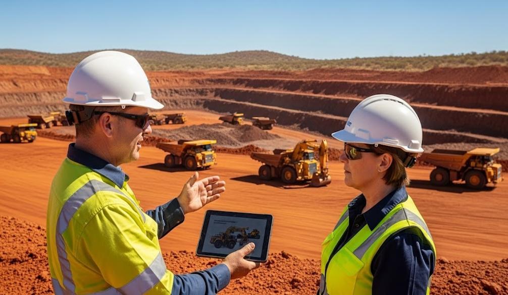 Two site personnel in hi-vis and hard hats reviewing a tablet above an open-pit mine with haul trucks