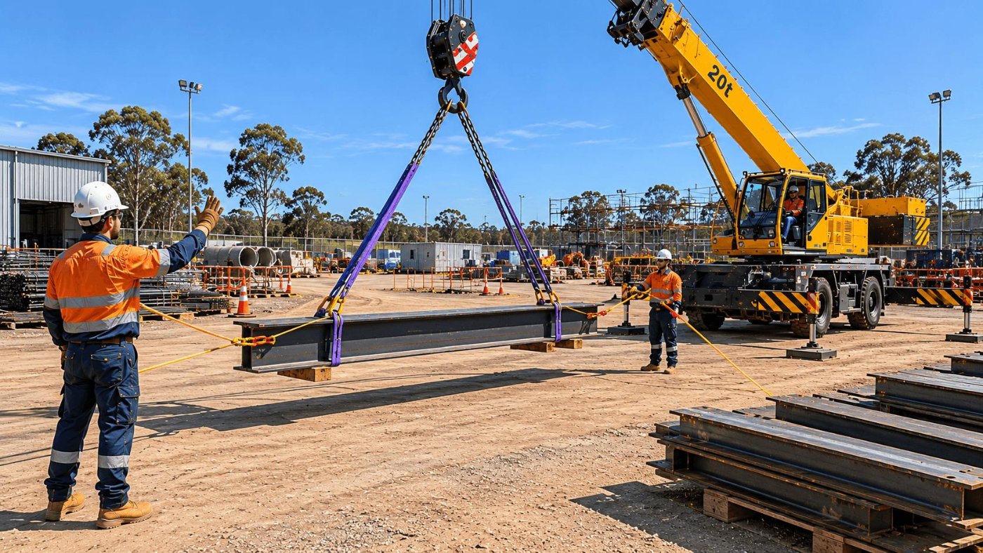 Dogger directing a crane lift of a steel beam while a rigger steadies the tag line on an Australian site
