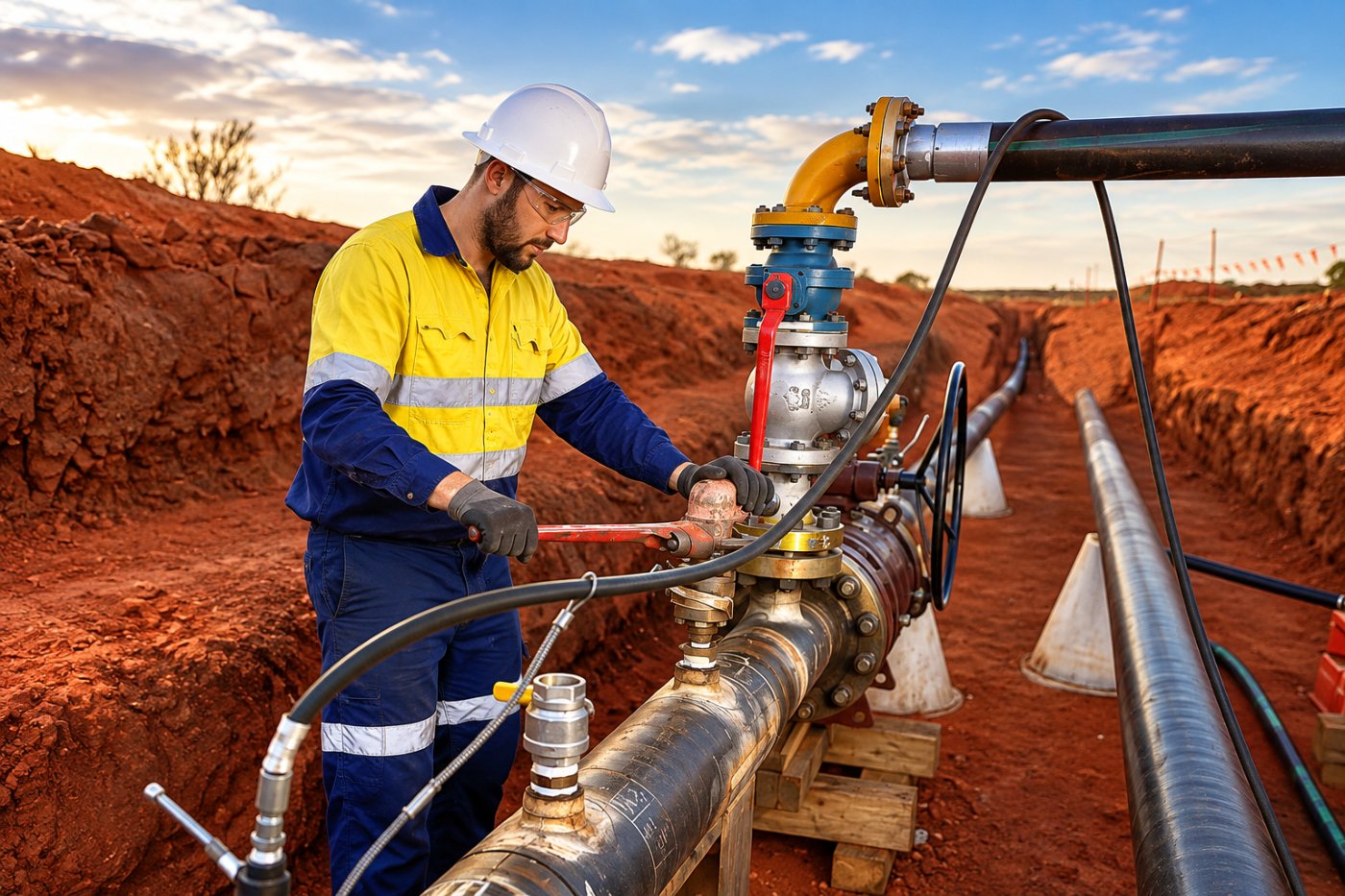 Pipe fitter in hi-vis torquing a flanged valve assembly on a pipeline in a Pilbara trench at sunset